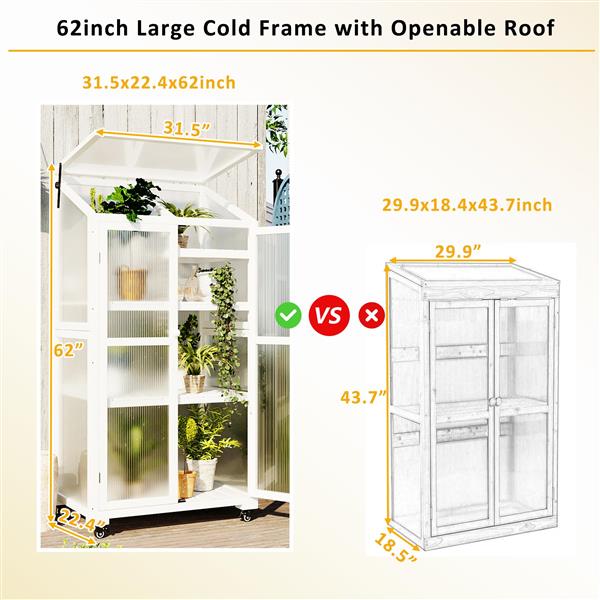 62inch Height Wood Large Greenhouse Balcony Portable Cold Frame with Wheels and Adjustable Shelves for Outdoor Indoor Use, White