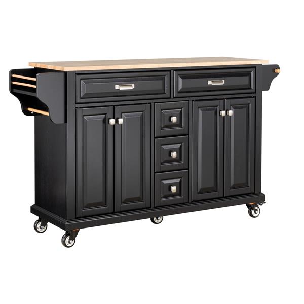 Kitchen Island with Rubber wood Countertop, Kitchen Cart on 5 Wheels with Storage Cabinet and 5 Drawers for Dinning Room, Black