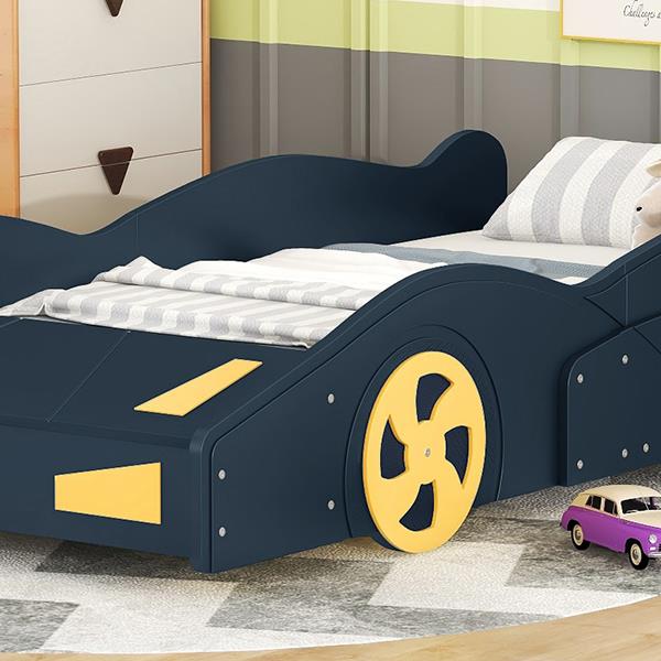 Twin Size Race Car-Shaped Platform Bed with Wheels and Storage, Dark Blue+Yellow