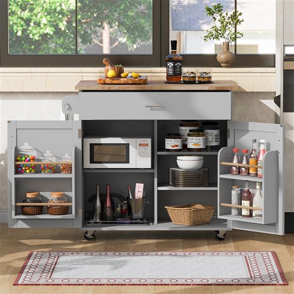 K&K Rolling Kitchen Island with Storage, Kitchen Cart with Rubber Wood Top, Spacious Drawer with Divider and Internal Storage Rack, Kitchen Island on Wheels with Adjustable Shelf Tower Rack, Grey