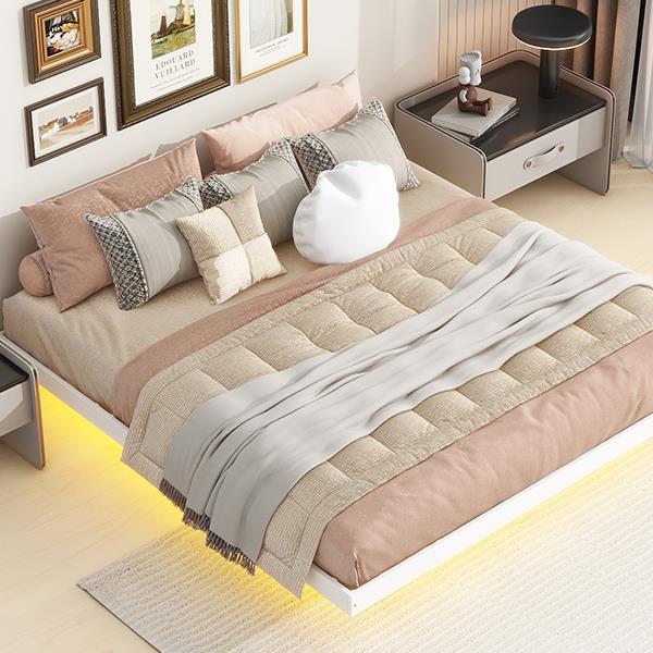 King Size Floating Bed with LED Lights Underneath,Modern King Size Low Profile Platform Bed with LED Lights,White