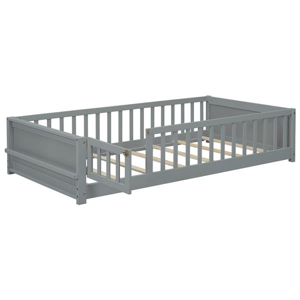 Twin size Floor Platform Bed with Built-in Book Storage Rack, Door,Grey