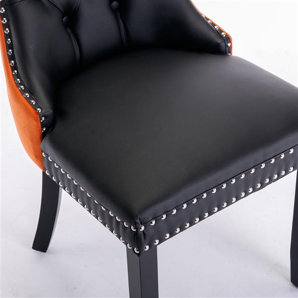 Furniture,Modern, High-end Tufted Solid Wood Contemporary PU and Velvet Upholstered Dining Chair with Wood Legs Nailhead Trim  2-Pcs Set，Black+Orange, SW2101BO