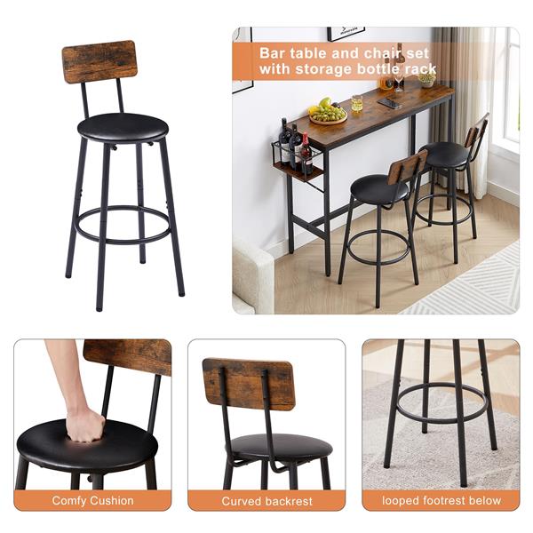 Bar Table Set with wine bottle storage rack. Rustic Brown,47.24'' L x 15.75'' W x 35.43'' H.