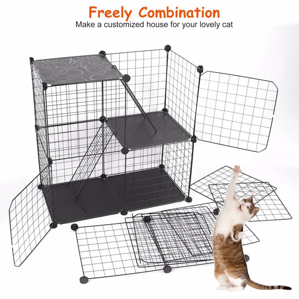 Cat Cage DIY Indoor Pet Home Small Animal House Detachable Playpen with 3 Doors 3 Tiers for Kitten Puppy Bunny Exercise. (Black，28.15x13.97x42.12in)