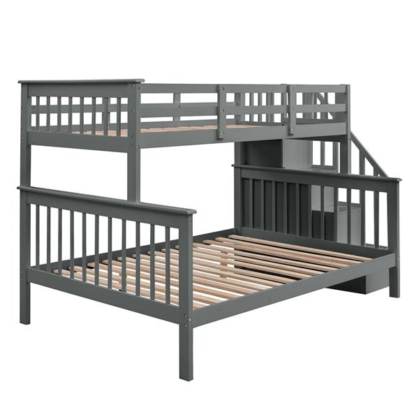 Stairway Twin-Over-Full Bunk Bed with Storage and Guard Rail for Bedroom, Gray color