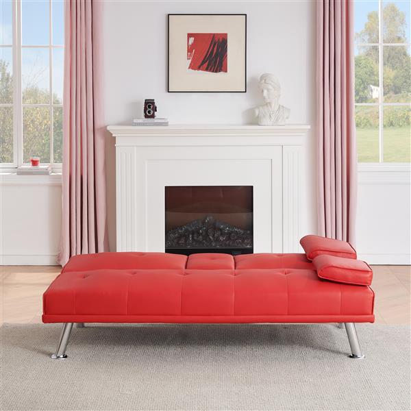 67" Red Leather Multifunctional Double Folding Sofa Bed for Office with Coffee Table