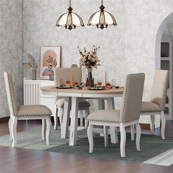 5-Piece Farmhouse Dining Table Set Wood Round Extendable Dining Table and 4 Upholstered Dining Chairs (Oak Natural Wood + Antique White)