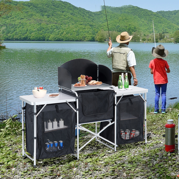 Aluminum Portable Camping Kitchen Fold-Up Cooking Table With Windscreen and 3 Enclosed Cupboards for BBQ, Party, Picnics, Backyards 