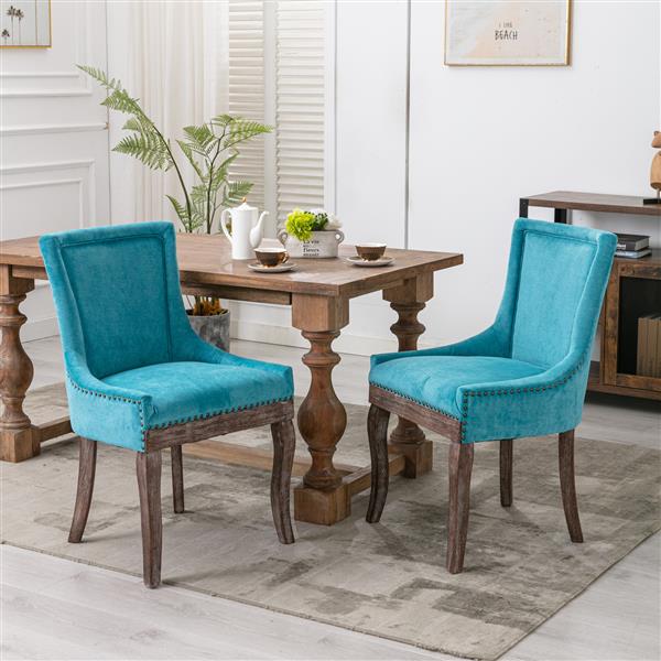 Furniture,Ultra Side Dining Chair，Thickened fabric chairs with neutrally toned solid wood legs， Bronze nail head，Set of 2，Blue