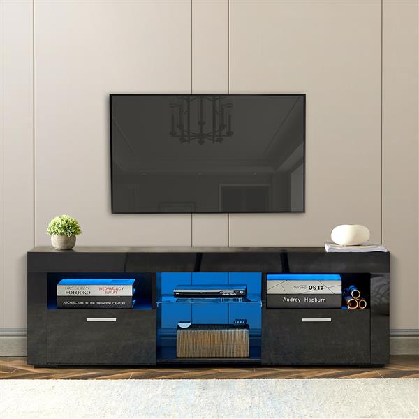 Black morden TV Stand with LED Lights,high glossy front TV Cabinet,can be assembled in Lounge Room, Living Room or Bedroom,color:Black