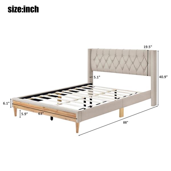 Upholstered Platform Bed with Rubber Wood Legs,No Box Spring Needed, Linen Fabric,Queen Size-Beige