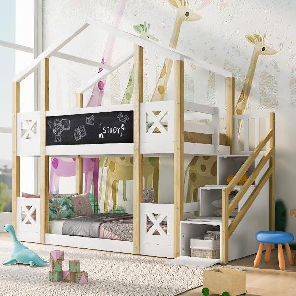 Twin over Twin House Bunk Bed with White Storage Staircase and Blackboards, White