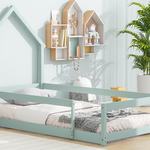 Twin Size Wood bed with House-shaped Headboard Floor bed with Fences,Light Green