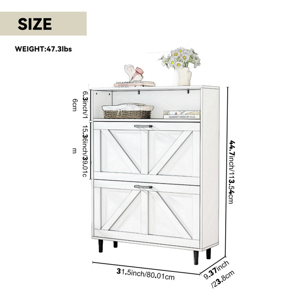 Farmhouse Shoe Storage Cabinet with Barn Door Design, Shoe Organizer with 2 Flip Drawers, Freestanding Narrow Shoe Rack Cabinet with Open Storage for Entryway,Foyer,Hallway,(Antique White) 