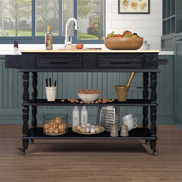 56 inch Rolling Kitchen Island with Storage,Kitchen Cart with Solid OAK Wood Top,Two-sided Kitchen island Cart on Wheels , Wine and Spice Rack, Large Kitchen Cart with 2 Drawers, Black+Natural Top