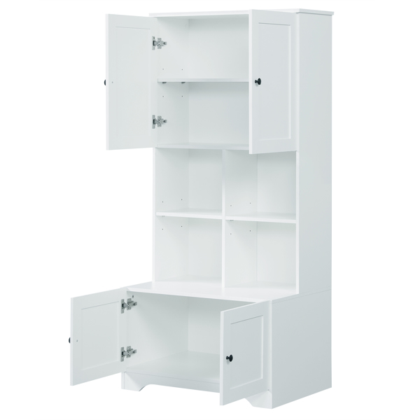 Tall and Wide Bathroom Floor Storage Cabinet, Bathroom Storage Unit, Freestanding Cabinet with 4 Doors, Adjustable Shelves, Open multi-layer Shelves, White 