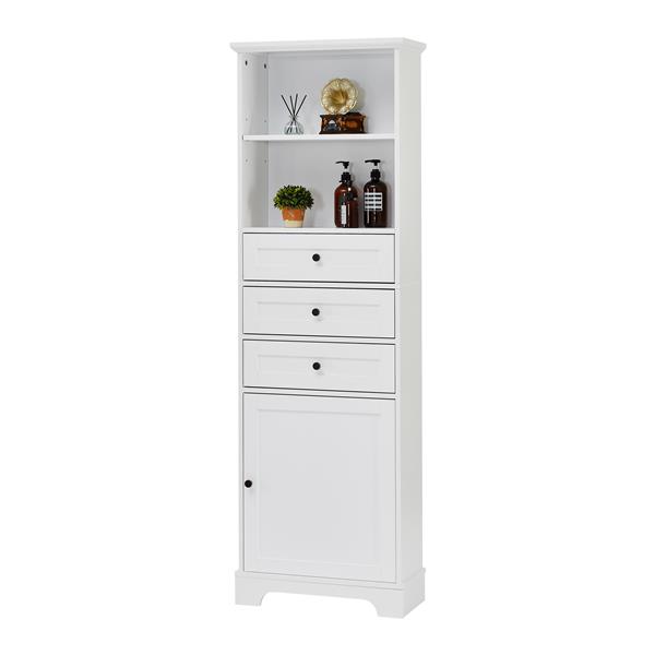 White Tall Storage Cabinet with 3 Drawers and Adjustable Shelves for Bathroom, Kitchen and Living Room, MDF Board with Painted Finish