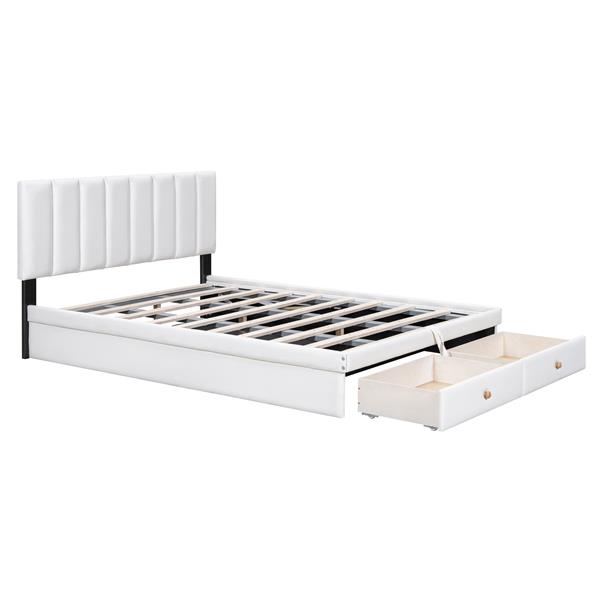 Full Size Upholstered Bed with Hydraulic Storage System and Drawer, White