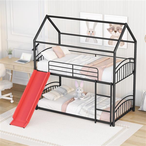 Twin Over Twin Metal Bunk Bed With Slide,Kids House Bed Black+Red