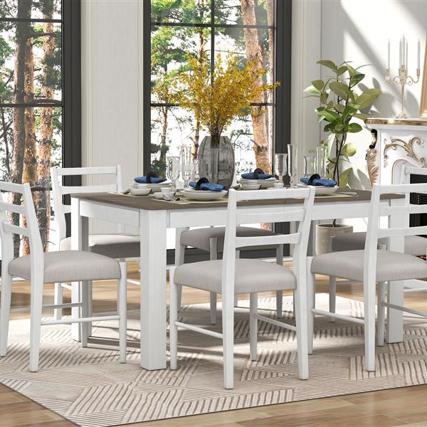 7-Piece Wooden Dining Table Set Mutifunctional Extendable Table with 12" Leaf and 2 Drawers, 6 Dining Chairs with Soft Cushion (Brown + White)