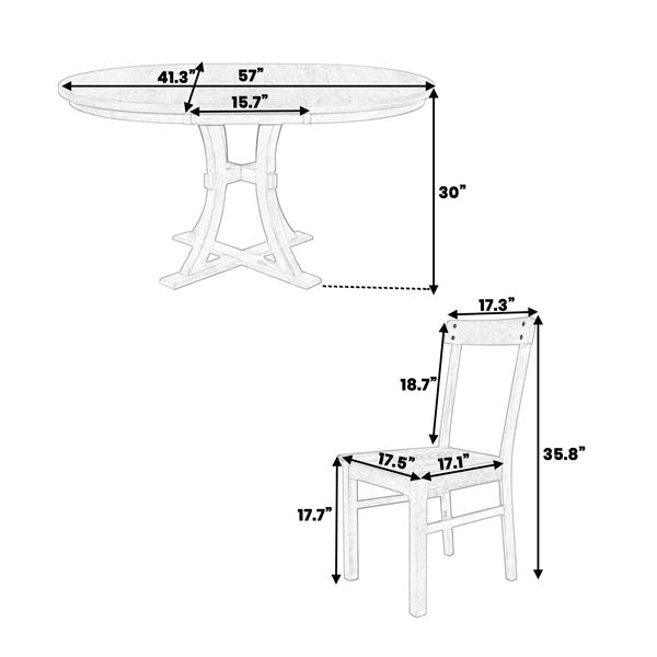 5-Piece Rustic Round Pedestal Extendable Dining Table Set with 15.7" Removable Leaf and Simple Dining Chirs for Small Places, Gray