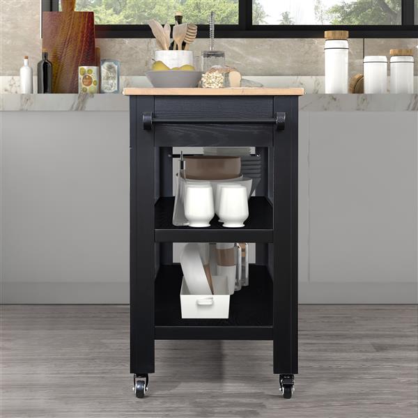 57 inch Rolling Kitchen Island with Storage,Kitchen Cart with Solid OAK Wood Top,Two-sided Kitchen island Cart on Wheels , Wine and Spice Rack, Large Kitchen Cart with 2 Drawers, Black+Natural Top