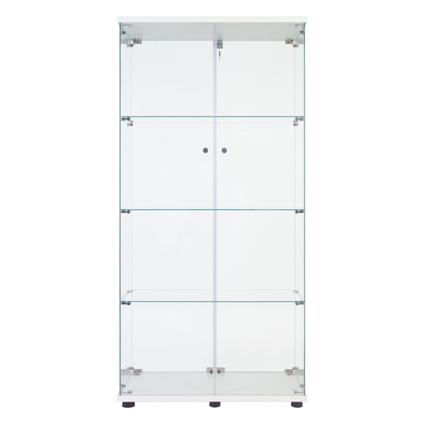 Lighted Two Door Glass Cabinet Glass Display Cabinet with 4 Shelves, White