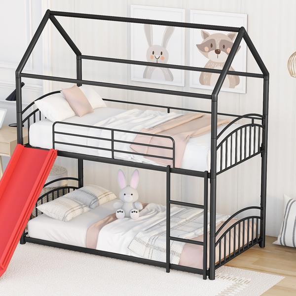 Twin Over Twin Metal Bunk Bed With Slide,Kids House Bed Black+Red