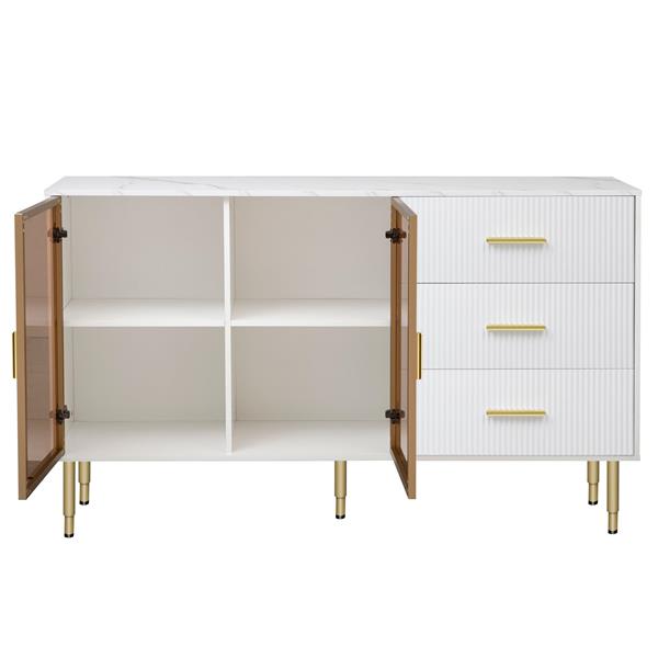 Modern Sideboard MDF Buffet Cabinet Marble Sticker Tabletop and Amber-yellow Tempered Glass Doors with Gold Metal Legs & Handles (White)