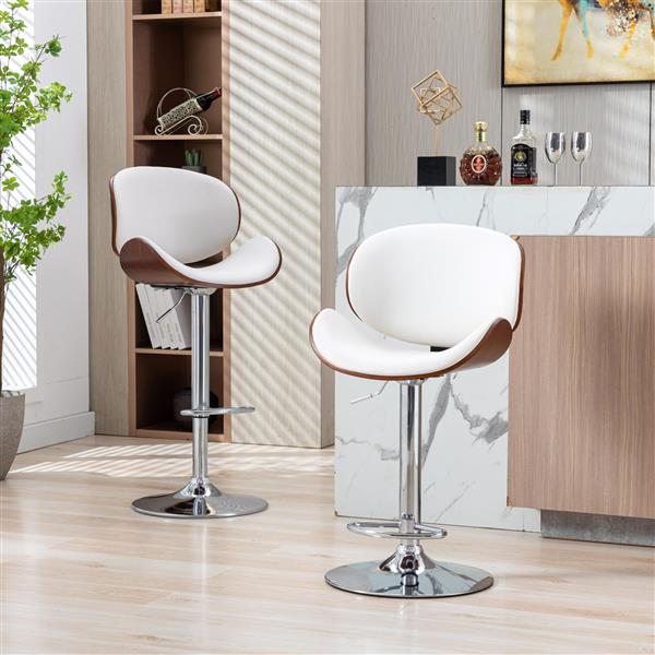 Adjustable Bar Stools , Upholstered Swivel Barstool, white PU Leather Barstools (Set of 2)