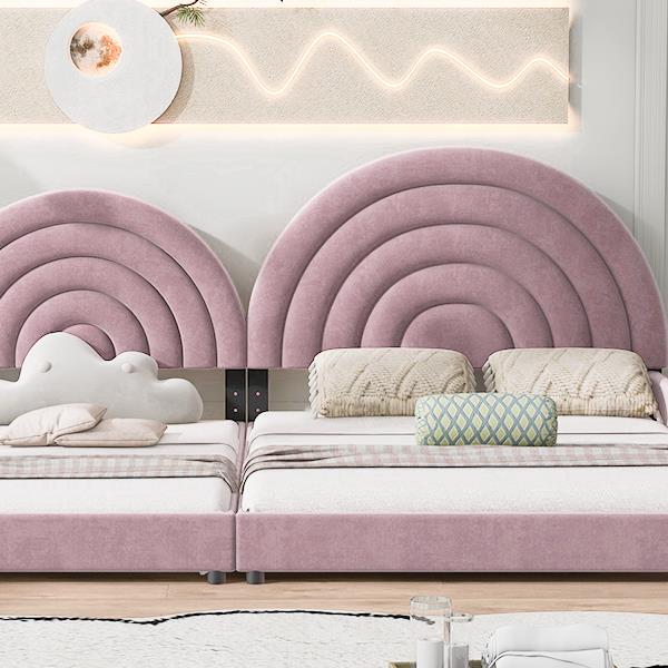 Twin+Full Upholstered Platform Bed Set with Semicircular Headboard, Pink