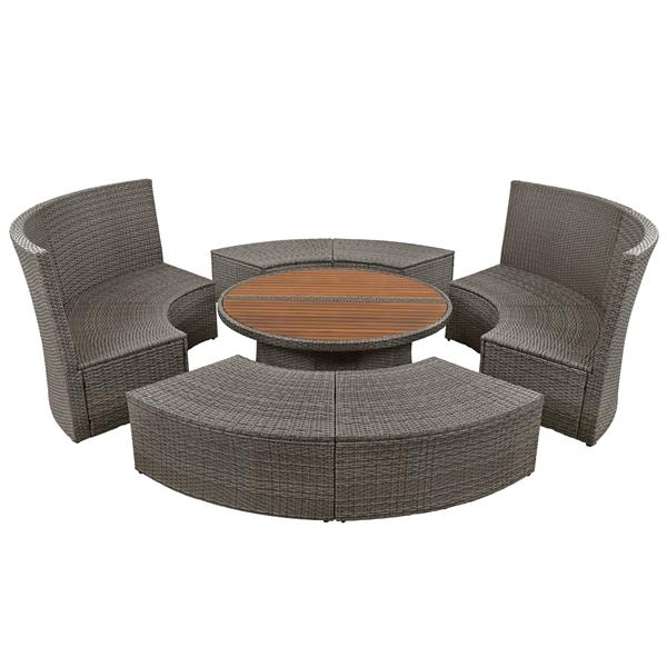 Patio 5-Piece Round Rattan Sectional Sofa Set All-Weather PE Wicker Sunbed Daybed with Round Liftable Table and Washable Cushions for Outdoor Backyard Poolside, Gray