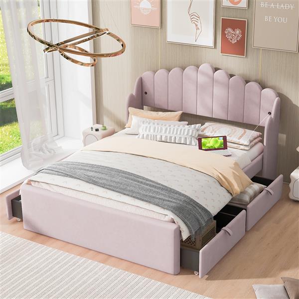 Full Size Upholstered Platform Bed with 4 Drawers and 2 USB, Pink