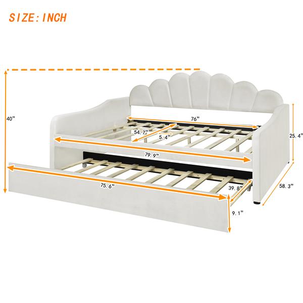 Full Size Upholstery Daybed Frame with Shall Shaped Backrest  and Trundle,White