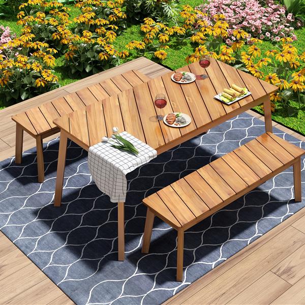 3 Pieces Acacia Wood Table Bench Dining Set For Outdoor & Indoor Furniture With 2 Benches, Picnic Beer Table for Patio, Porch, Garden, Poolside, Natural