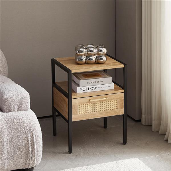 Set of 2, 15.75" Rattan End table with  drawer, Modern nightstand, metal legs,side table for living room, bedroom,natural