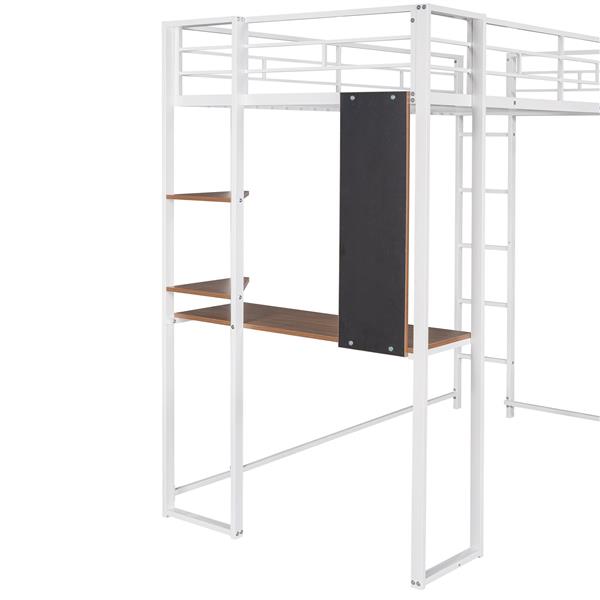 Twin Metal Loft Bed with 2 Shelves and one Desk ,WHITE