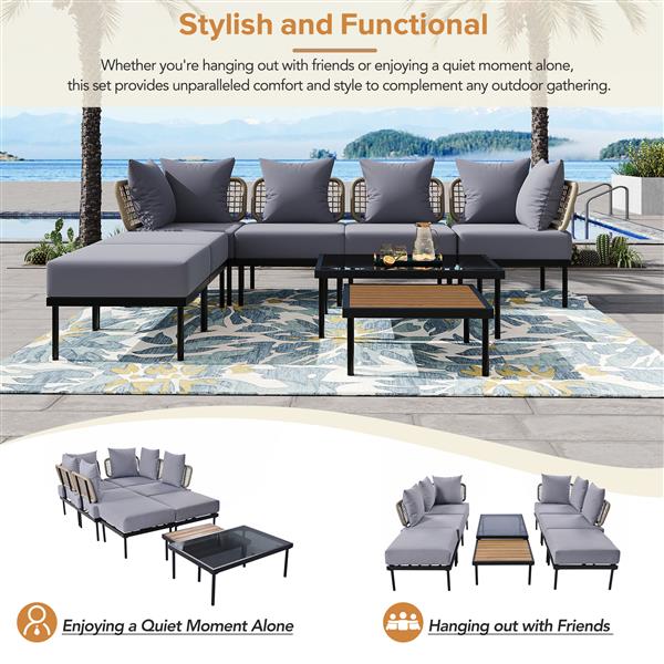 8-Piece Patio Sectional Sofa Set with Tempered Glass Coffee Table and Wooden Coffee Table for Outdoor Oasis, Garden, Patio and Poolside (Light Grey Cushion + Black Steel)