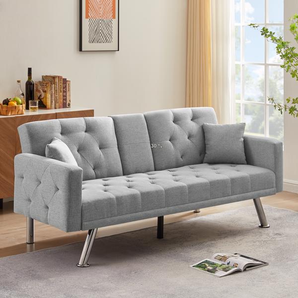 Grey Linen Convertible Sofa and Bed, Square Arm Armrests, Can Hold Water Cup, Two Pillow