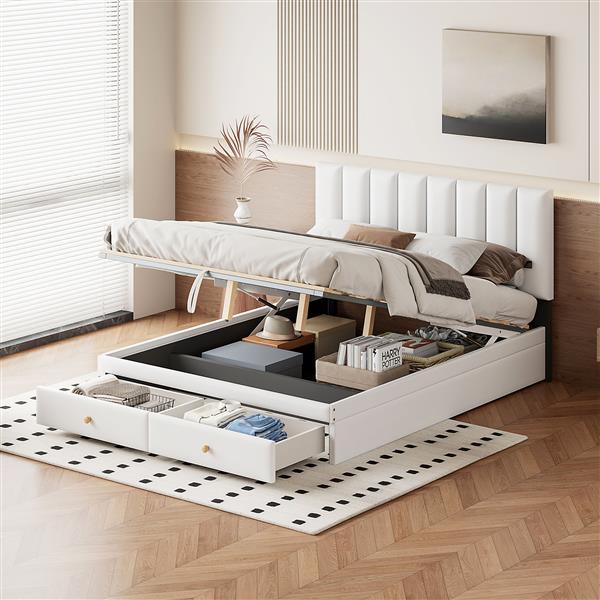 Queen Size Upholstered Bed with Hydraulic Storage System and Drawer, White