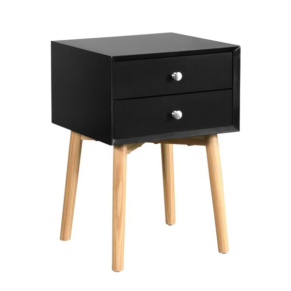 Side Table,Bedside Table with 2 Drawers and Rubber Wood Legs, Mid-Century Modern Storage Cabinet for Bedroom Living Room, Black