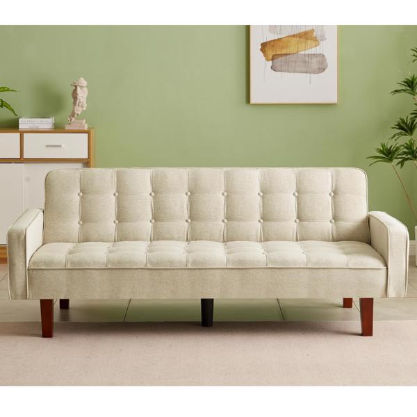 Beige, Linen Futon Sofa Bed 73.62 Inch Fabric Upholstered Convertible Sofa Bed, Minimalist Style for Living Room, Bedroom.