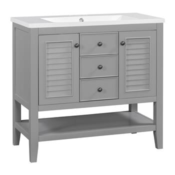 36\\" Bathroom Vanity with Ceramic Basin, Two Cabinets and Drawers, Open Shelf, Solid Wood Frame, Grey