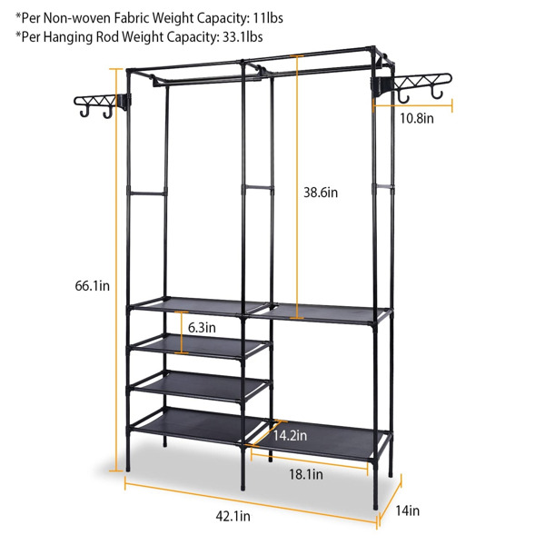 Clothing Rack Clothes Rack, 66'' Multifunctional Garment Rack for Hanging Clothes, 4 Tiers Portable Closet Rack with 4 Hooks & 2 Hanging Rods, Coated Metal Freestanding Closet Wardrobe System