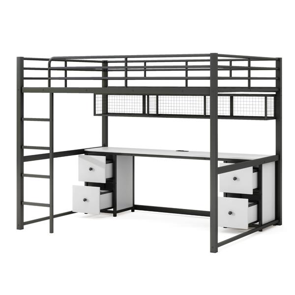 Full Size Metal Loft Bed with Desk, Drawers and Bedside Tray, Charging Station, USB and socket