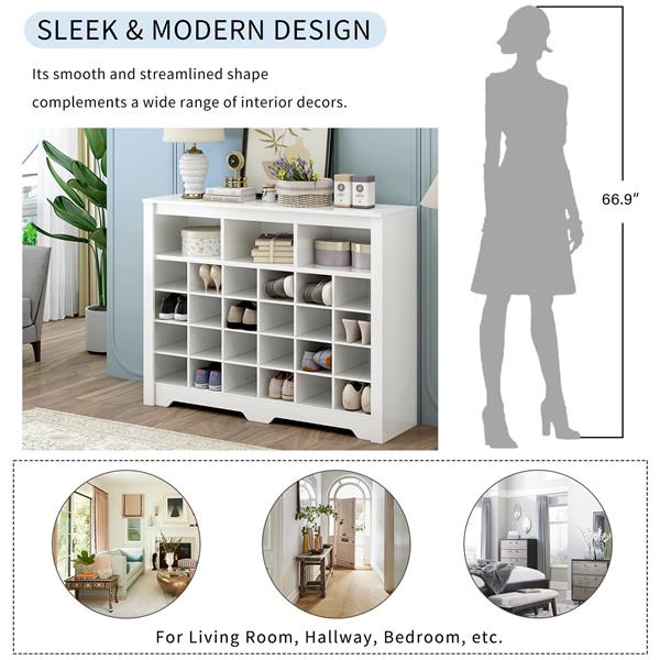 Sleek Design 24 Shoe Cubby Console, Modern Shoe Cabinet with Curved Base, Versatile Sideboard with High-quality for Hallway, Bedroom, Living Room, White