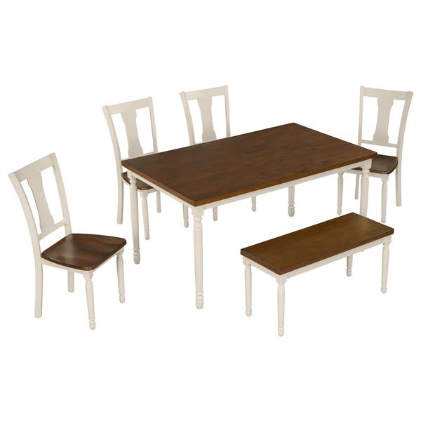 Classic 6-Piece Dining Set Wooden Table and 4 Chairs with Bench for Kitchen Dining Room (Brown+Cottage White)