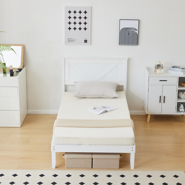 Twin Size Solid Wood Platform Bed Frame with Headboard White