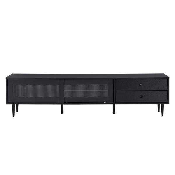 Chic Elegant Design TV Stand with Sliding Fluted Glass Doors, Slanted Drawers Media Console for TVs Up to 75", Modern TV Cabinet with Ample Storage Space, Black